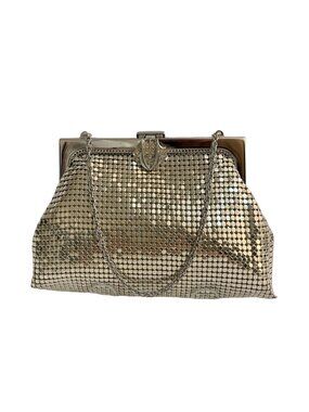 Whiting & Davis USA Silver Mesh Evening Bag Rhinestone Clasp Vintage Cocktail Pu